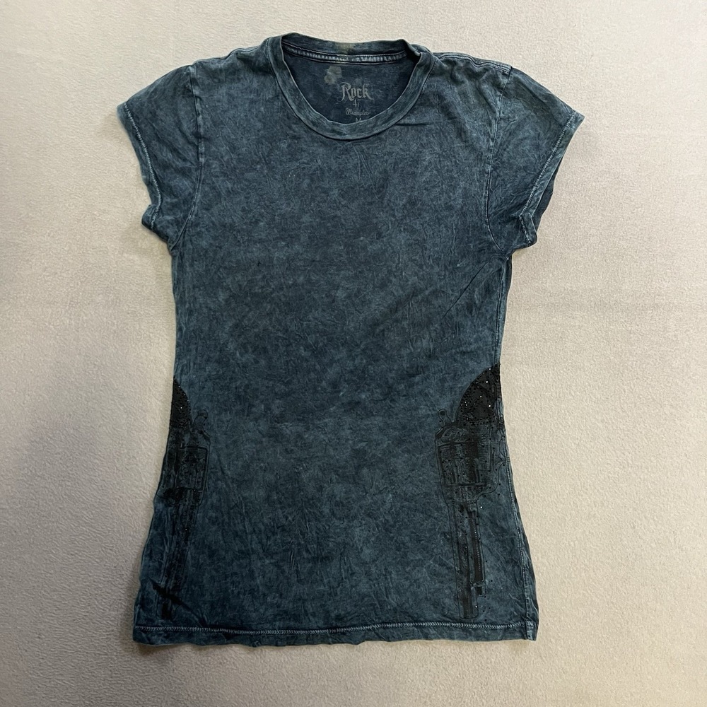 Wrangler Rock 47 Studded Shirt Women's Size Medium Blue Mineral Wash Tee